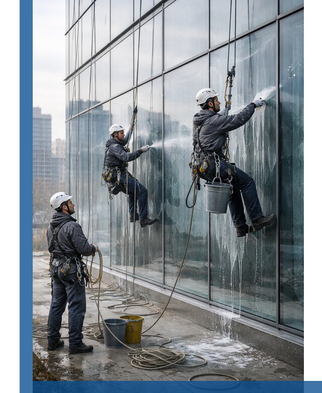 Промышленная мойка панорамных окон на высоте в Устях-Куте