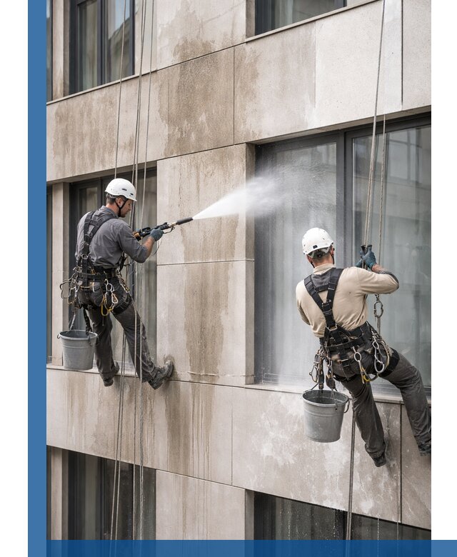 Послестроительная мойка фасада промышленным альпинизмом в Устях-Куте