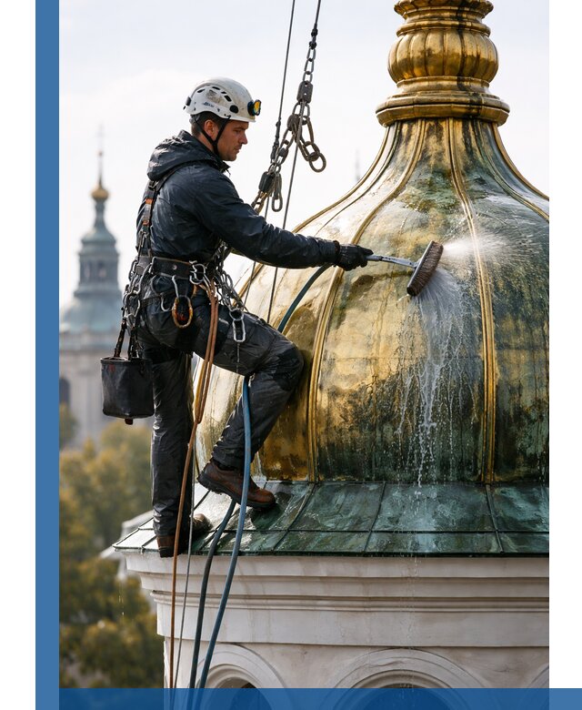 Профессиональная мойка куполов и шпилей высотными альпинистами в Устях-Куте