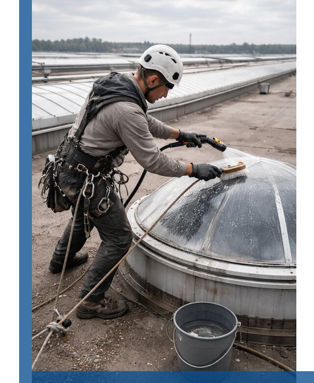 Мойка зенитных фонарей на кровле для промышленных объектов в Устях-Куте