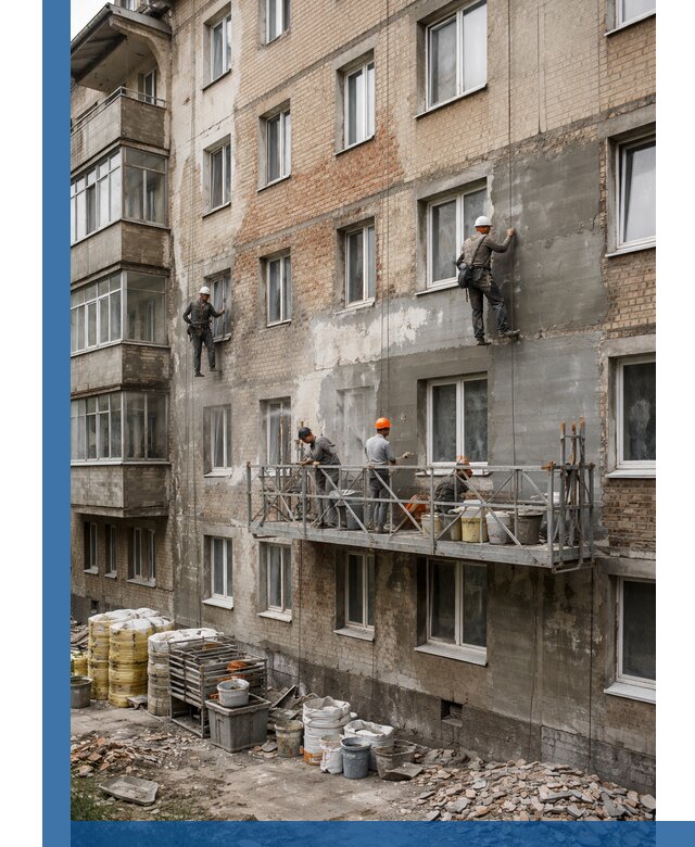 Капитальный ремонт фасада в Устях-Куте с восстановлением и гидроизоляцией