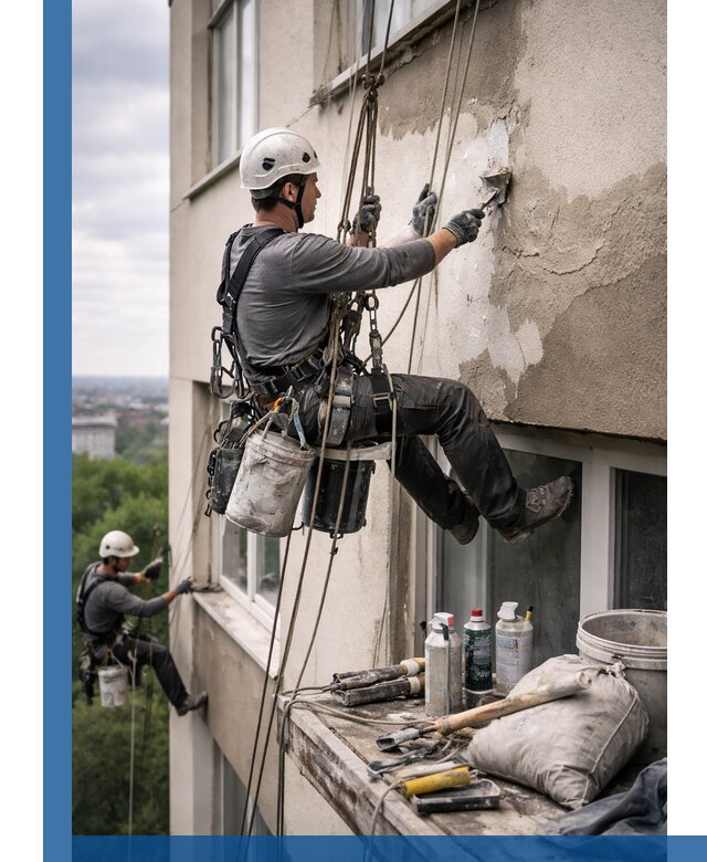 Косметический ремонт фасада зданий в Устях-Куте промышленными альпинистами