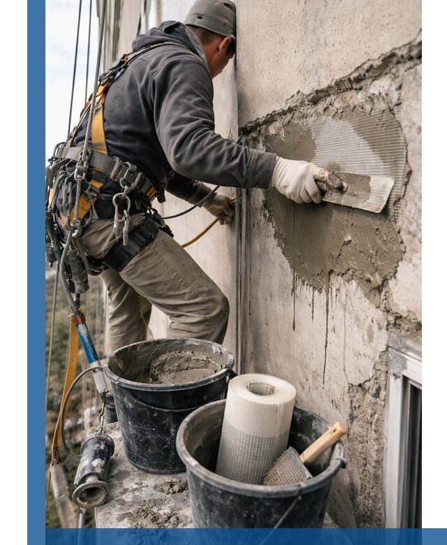 Ремонт бетонных элементов фасада промышленными альпинистами в Устях-Куте