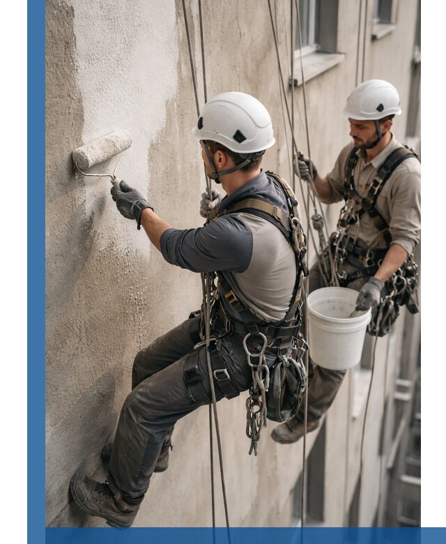 Грунтовка фасада на высоте в Устях-Куте промышленными альпинистами