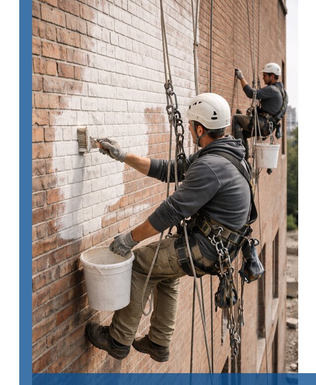 Покраска кирпичного фасада с доступным альпинистским сервисом в Устях-Куте