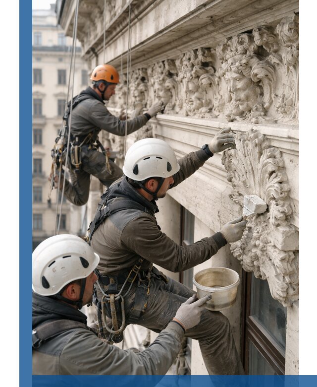 Реставрация фасадной лепнины с высотными работами в Устях-Куте