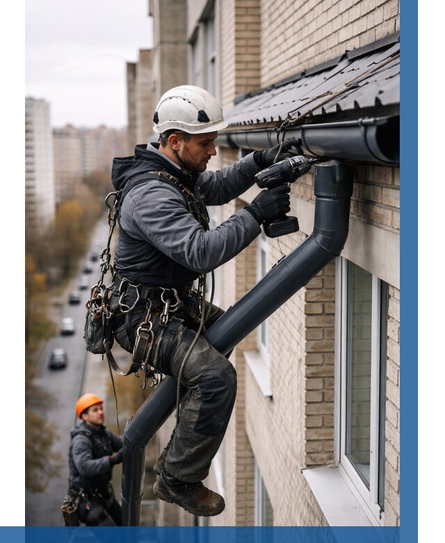 Монтаж водосточной системы на здании в Устях-Куте от 5149 р. | ВЫСОТНИК-Утк