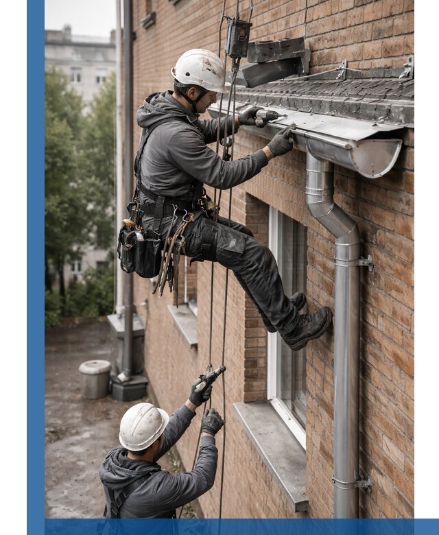 Монтаж водосточной системы на здании в Устях-Куте под ключ