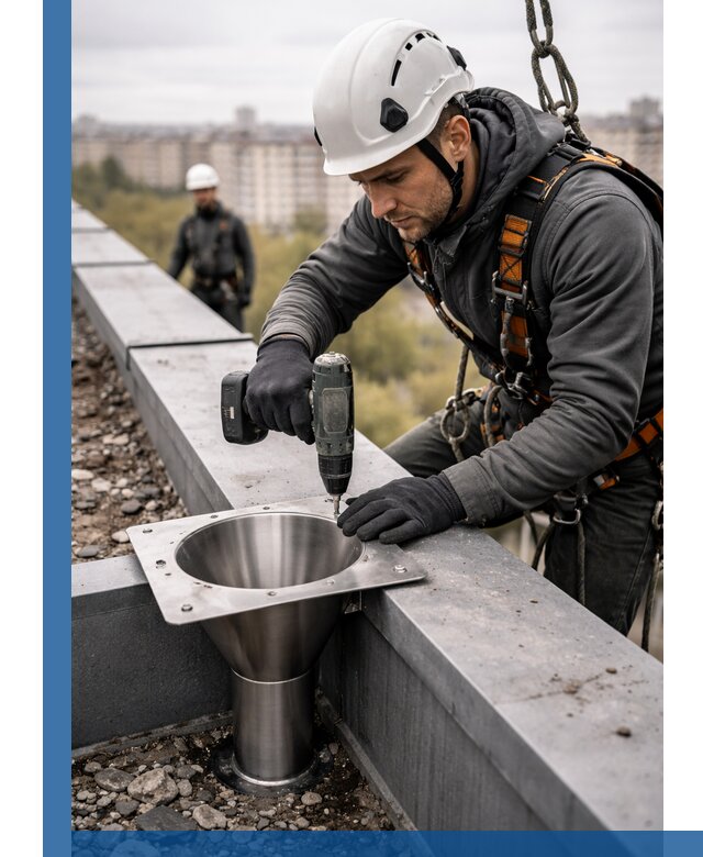 Монтаж водосточных воронок в Устях-Куте для промышленных зданий