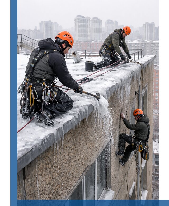 Удаление наледи с кровли в Устях-Куте промышленными альпинистами