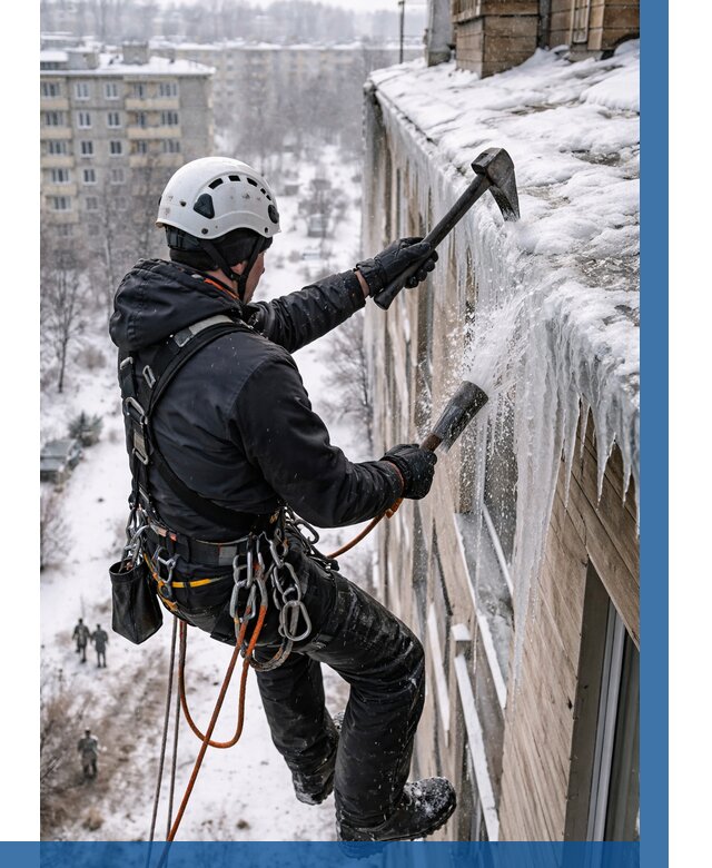 Сбивание сосулек с крыши в Устях-Куте по цене от 4634 р. | ВЫСОТНИК-Утк