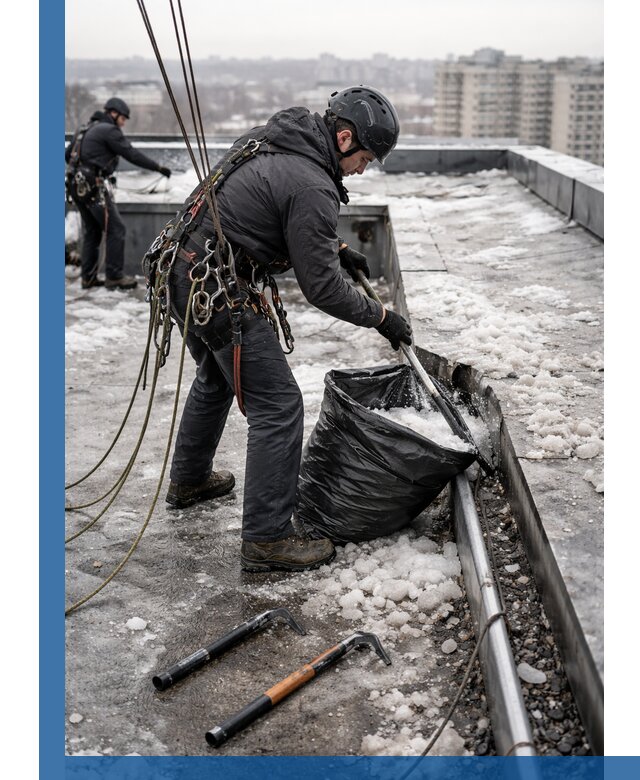 Аварийная очистка кровли в Устях-Куте от промальпинистов