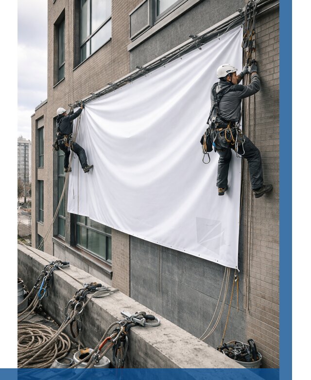 Монтаж баннеров на фасаде в Устях-Куте от 669 р. заказать ВЫСОТНИК-Утк