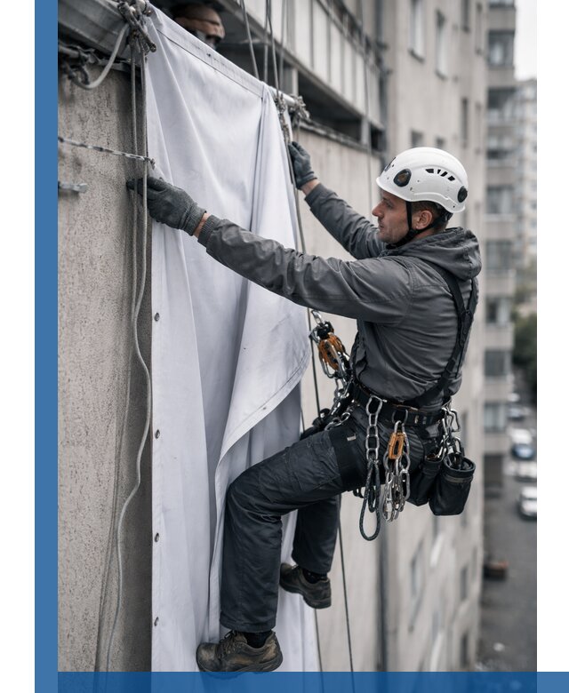 Замена баннерного полотна промышленными альпинистами в Устях-Куте
