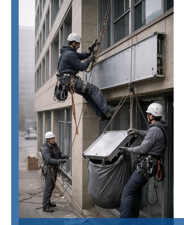 Демонтаж рекламной вывески с высотными работами в Устях-Куте