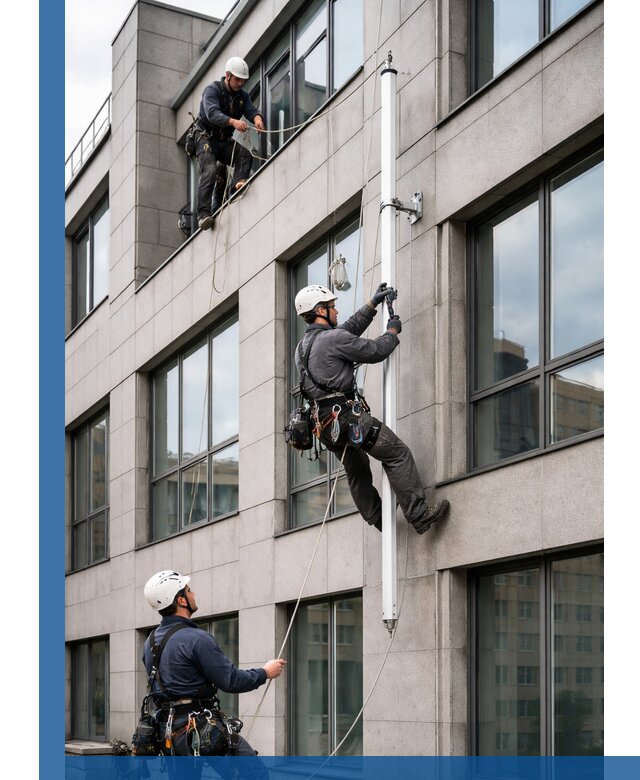 Монтаж флагштока на фасаде здания с креплением и герметикой в Устях-Куте