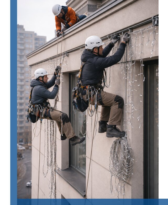 Монтаж праздничных гирлянд на фасаде в Устях-Куте для зданий