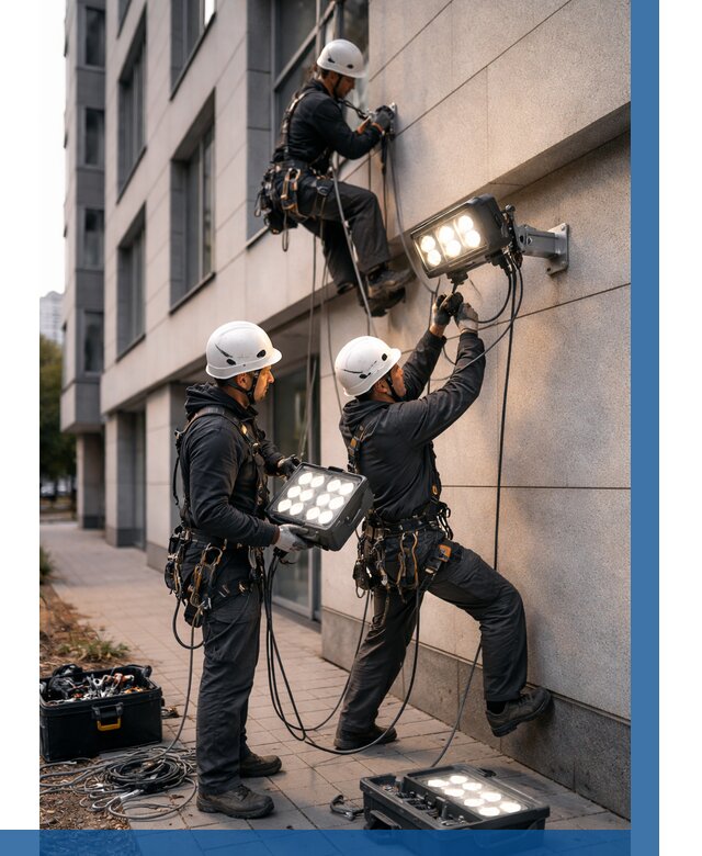 Монтаж прожекторов на фасаде в Устях-Куте от 7723 р. | ВЫСОТНИК-Утк