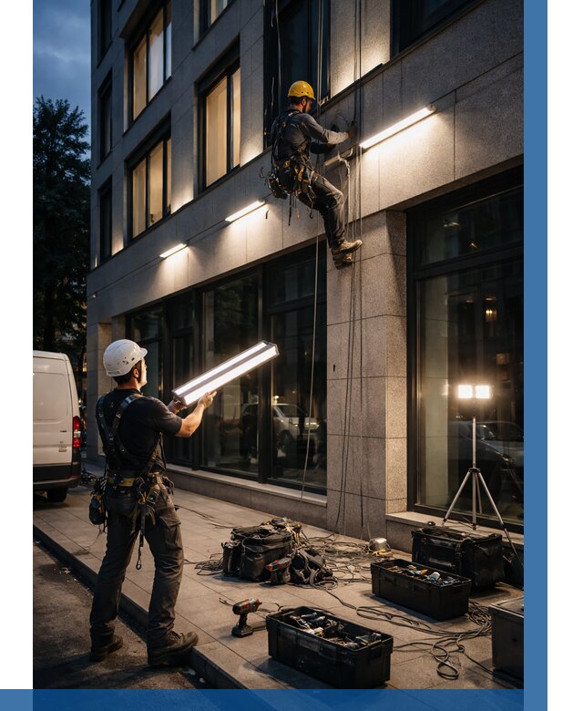 Монтаж архитектурной подсветки здания в Устях-Куте от 2574 р.|ВЫСОТНИК-Утк