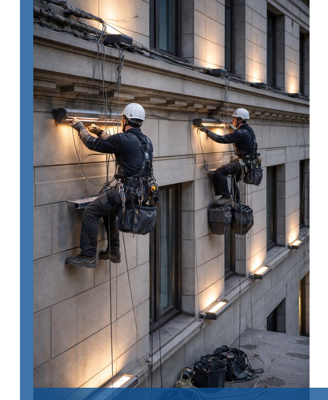 Монтаж архитектурной подсветки фасадов зданий в Устях-Куте