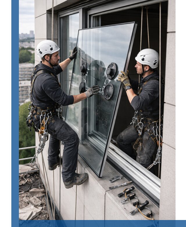 Замена стеклопакетов на высоте с промышленными альпинистами в Устях-Куте