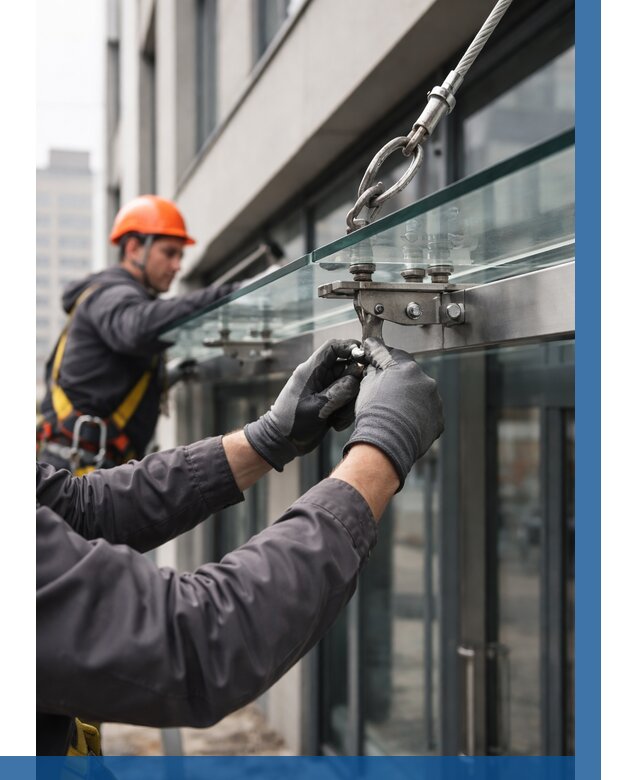 Монтаж стеклянных козырьков в Устях-Куте от 8752 р. | ВЫСОТНИК-Утк