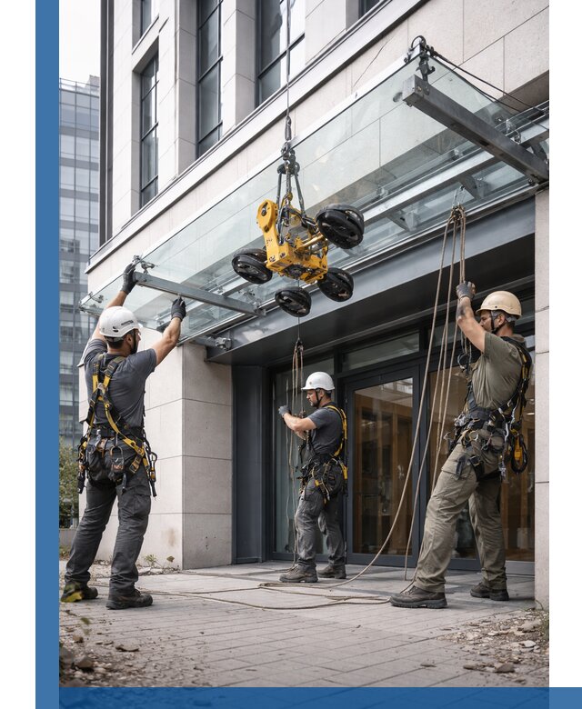 Монтаж стеклянных козырьков под ключ в Устях-Куте для зданий