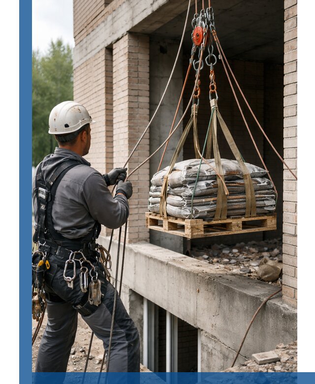 Подъем материалов на этаж веревками в Устях-Куте оперативно