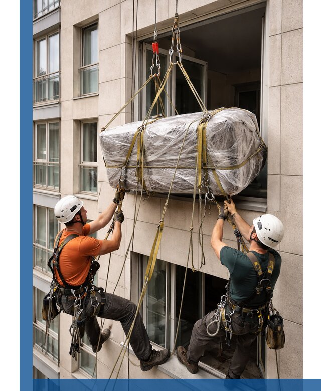 Подъем грузов через окно в Устях-Куте промышленными альпинистами