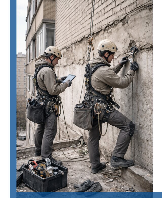 Обследование фасада промышленными альпинистами в Устях-Куте